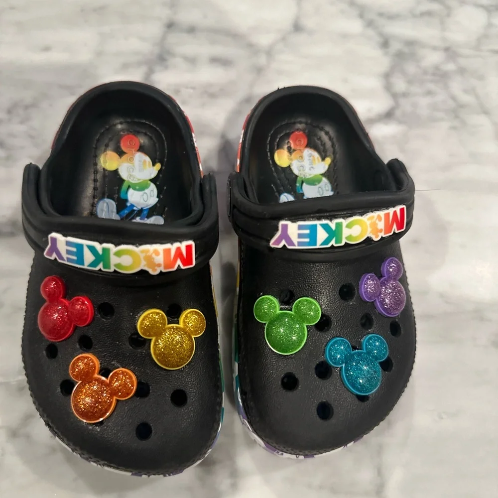 CROCS Black and Red Water Shoes with Mickey Mouse Charms